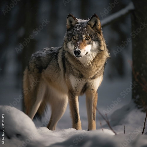 Wolf (Canis lupus) is the largest carnivore of the canine family (Canidae), in natural environment, AI generated © David Brown