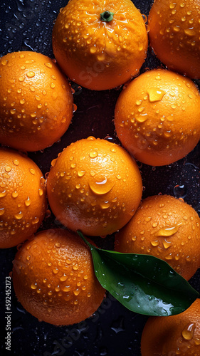 Fresh Oranges background, adorned with glistening droplets of water, top down view.