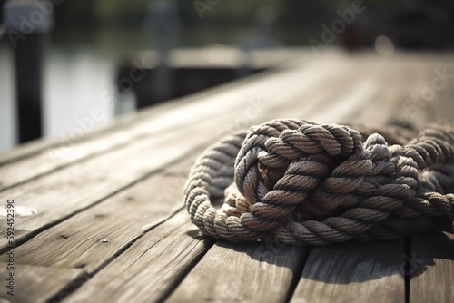 Close-up Of Coiled Boat Rope Secured To Cleat On Wooden Dock. Generative AI