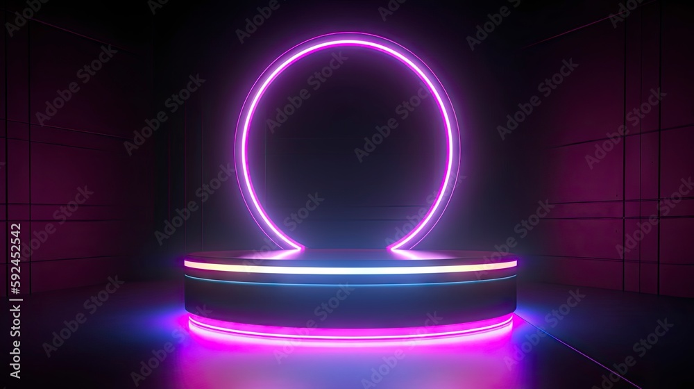 Empty podium floating in the air with line gradient neon ring on background. abstract scene with pink and blue neon frame. ai generated. Empty podium floating in the air with line gradient neon ring on background. abstract scene with pink and blue neon frame. ai generated.