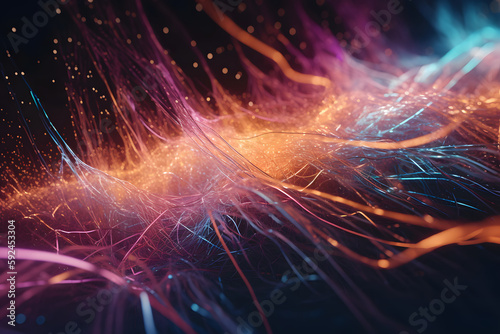 There are fibers flowing around a background with lights, in the style of data visualization, orange and blue, precisionism influence, Generative Ai