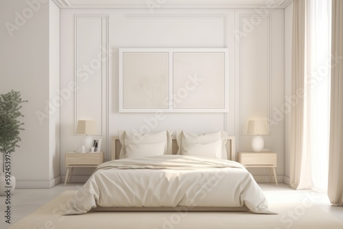 Bright Dreamy Modern White Bedroom Interior with Blank Photo Frame Mockup Made with Generative AI © Bryan