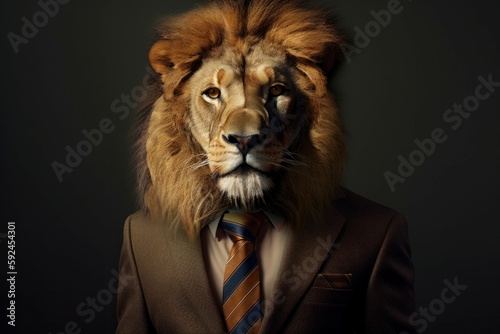 An anthropomorphic lion is like a boss in the office. Business concept. AI generated  human enhanced