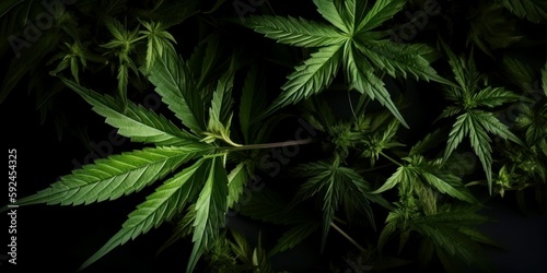 Cannabis Sativa Leaves On Dark. Medical Legal Marijuana. AI generated  human enhanced.