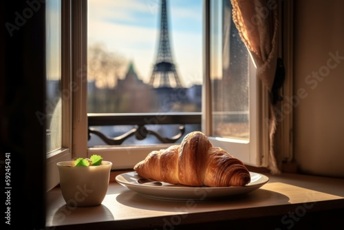 French croissant. Breakfast in Paris. AI generated, human enhanced
