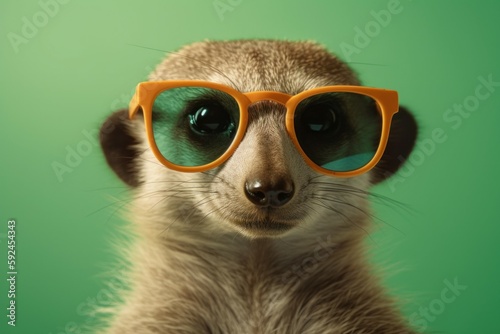 Funny cute meerkat in sunglasses with happy emotion. AI generated, human enhanced