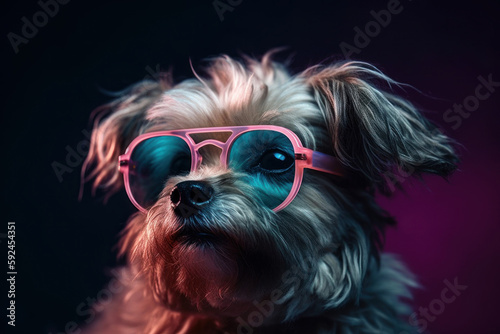 Funny cute dog in sunglasses with happy emotion. AI generated, human enhanced © top images