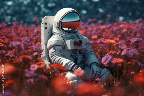 An astronaut in a space suit walks through a field of flowers on a foreign planet, encountering a butterfly in the process. AI Generative.