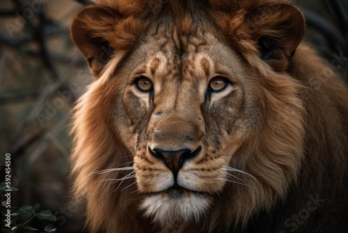 Beautiful lion in nature. The king of beasts concept. AI generated  human enhanced