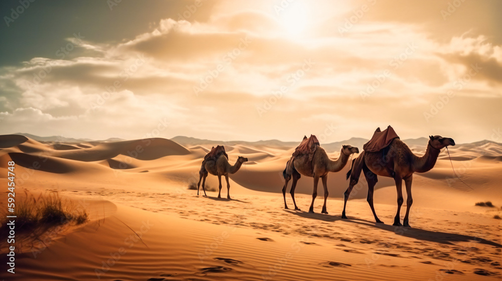 Camels ride on a desert savannah - obrazy, fototapety, plakaty 