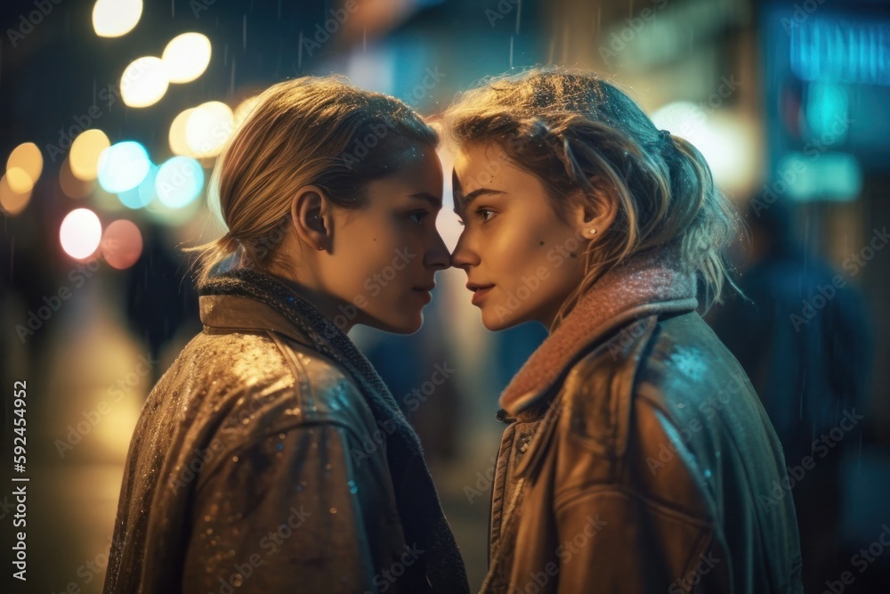 Young lesbian couple in their moment of intimacy at night in the street. AI generated, human enhanced
