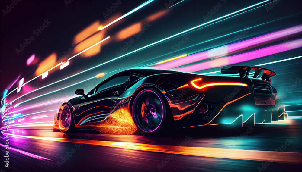 Fast supercar driving at high speed, with stunning neon lights city glowing in the background. Motion blur effect speed Fast supercar driving at high speed, with stunning neon lights city glowing in the background. Motion blur effect speed