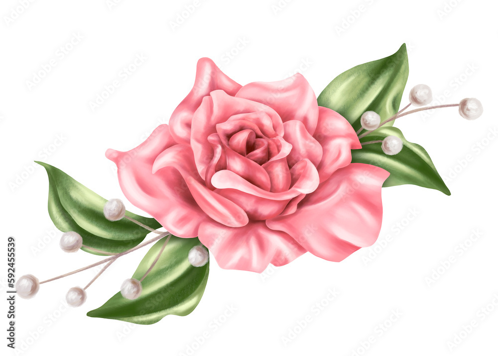 An elegant composition of pink roses, leaves and dried decorative flowers in watercolor style. Digital illustration on a white background. For invitations, date saving, gratitude or greeting card