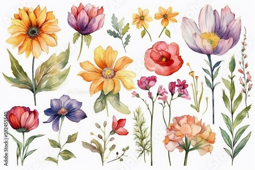 Watercolor colorful flowers. AI generative