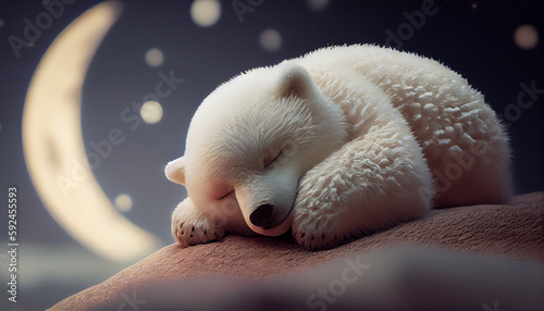 White baby bear sleeping on half moon choldrens stor. Al generated photo