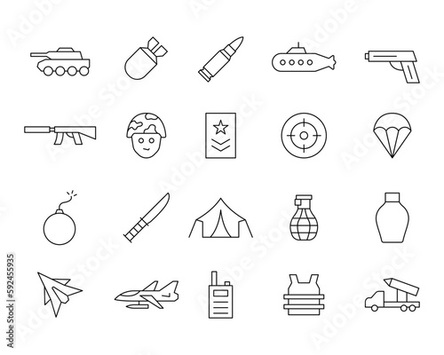 Military line icon set. Editable vector stroke