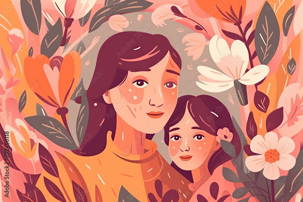 A beautiful and colorful image, perfect for Mother's Day, capturing a mother and child's embrace in a scenic meadow, symbolizing the tenderness and compassion of maternal love. AI Generative