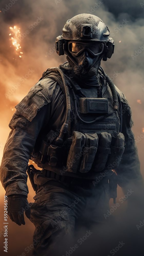 Modern soldier wearing gas mask during the military operation. Smoke and sparkles from explosion behind. Modern soldier wearing gas mask during the military operation. Smoke and sparkles from explosion behind.