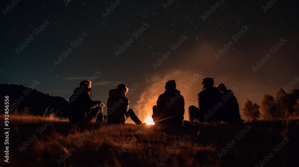 The group of young people are sitting around the bonfire and talking and singing songs - obrazy, fototapety, plakaty 