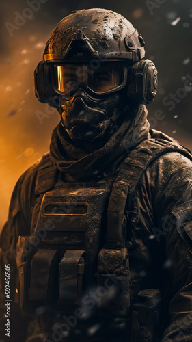 Modern soldier wearing gas mask during the military operation. Smoke and sparkles from explosion behind.