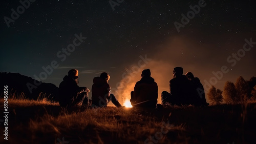 The group of young people are sitting around the bonfire and talking and singing songs photo