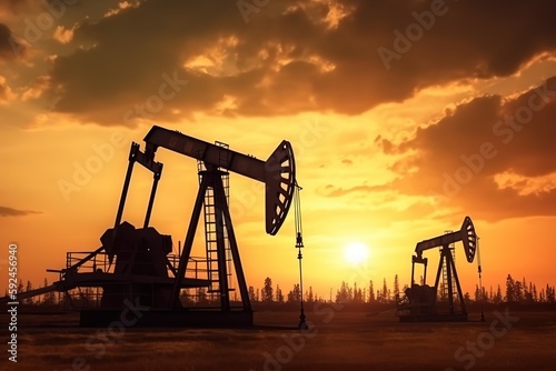 Oil pump plant energy industrial machine in sunset background. Generative AI