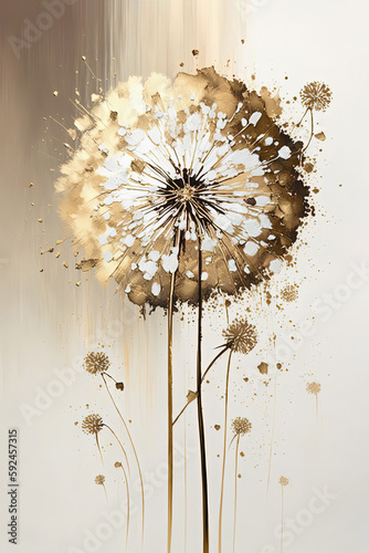 Luxury floral oil painting. Gold dandelions on white background. Generative AI
