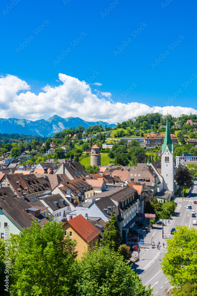 Fototapeta premium City of Feldkirch, State of Vorarlberg, Austria. View from the Schattenburg onto the City