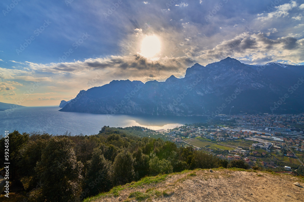 Panorama of Torbole a small town on Lake Garda, Italy. Europa.Beautiful Lake Garda surrounded by mountains  in the spring time seen from Mount Brione