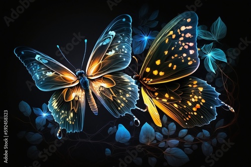 Glowing Butterflies in the Night Sky on Abstract Background. AI © Usmanify