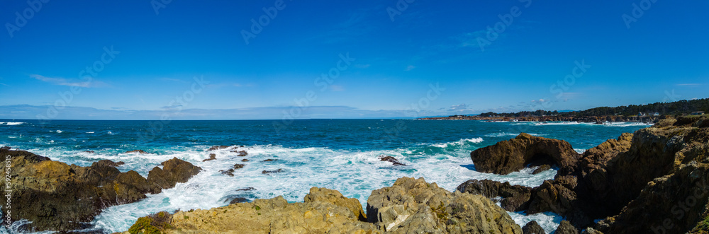Panorama of rocky coastline on the pacific ocean near fort bragg