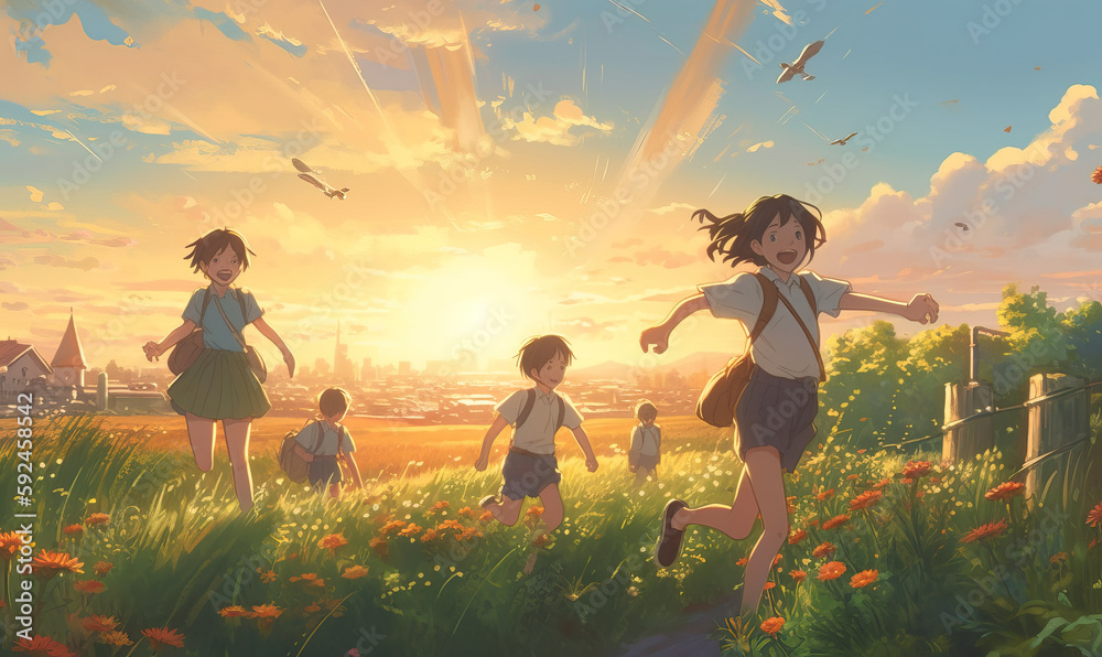 niños jugando en el prado, estilo de arte de manga de anime de dibujos animados, antecedentes del día de los niños, ilustración de stock generada por IA