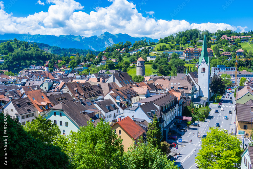 City of Feldkirch, State of Vorarlberg, Austria. View from the Schattenburg onto the City