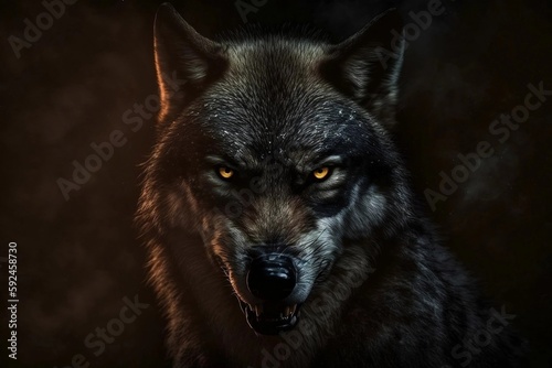 Leinwand Poster Furious Black Wolf. AI
