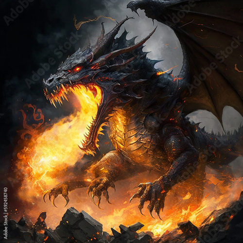 Fire-Breathing Dragon Against Heroes in Dark Night. AI