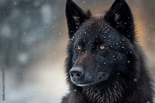 A close-up portrait of a black wolf in winter. AI