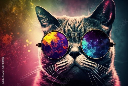 On a Colorful Background, a Cat Wearing Sunglasses Looks Cool. AI © Usmanify