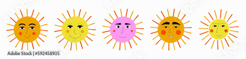 Smiling sun, abstract personage, mascot design, funny face, cute icon. photo