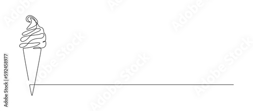 Ice cream in waffle cone in one continuous line drawing. Symbol dessert gelato for menu and business card design in simple linear style. Editable stroke. Doodle vector illustration