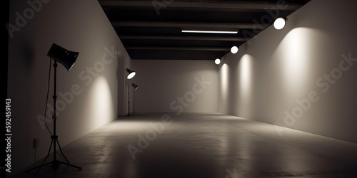 Empty studio with lights on white wall. Copy space for text or mock-up. Photo studio with modern interior and lighting equipment. Generative AI