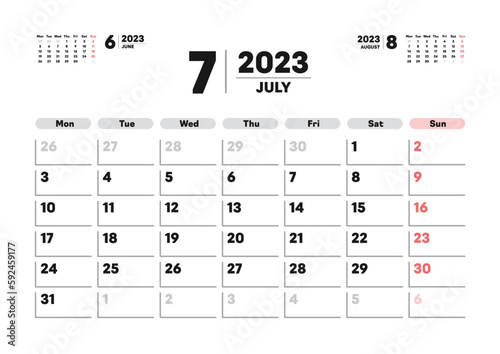 2023年7月のカレンダー - 月曜始まりの月めくりマンスリーカレンダー - 3ヶ月分･A版比率
