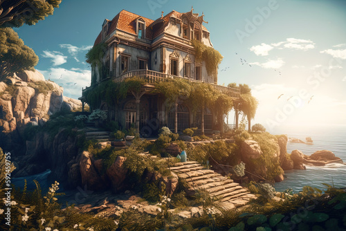 Vintage house over sea, scenery of old hotel on rocky shore, generative AI