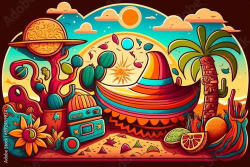 Colorful and surreal cartoon-style illustration for Cinco de Mayo holiday with a tropical punk twist. AI