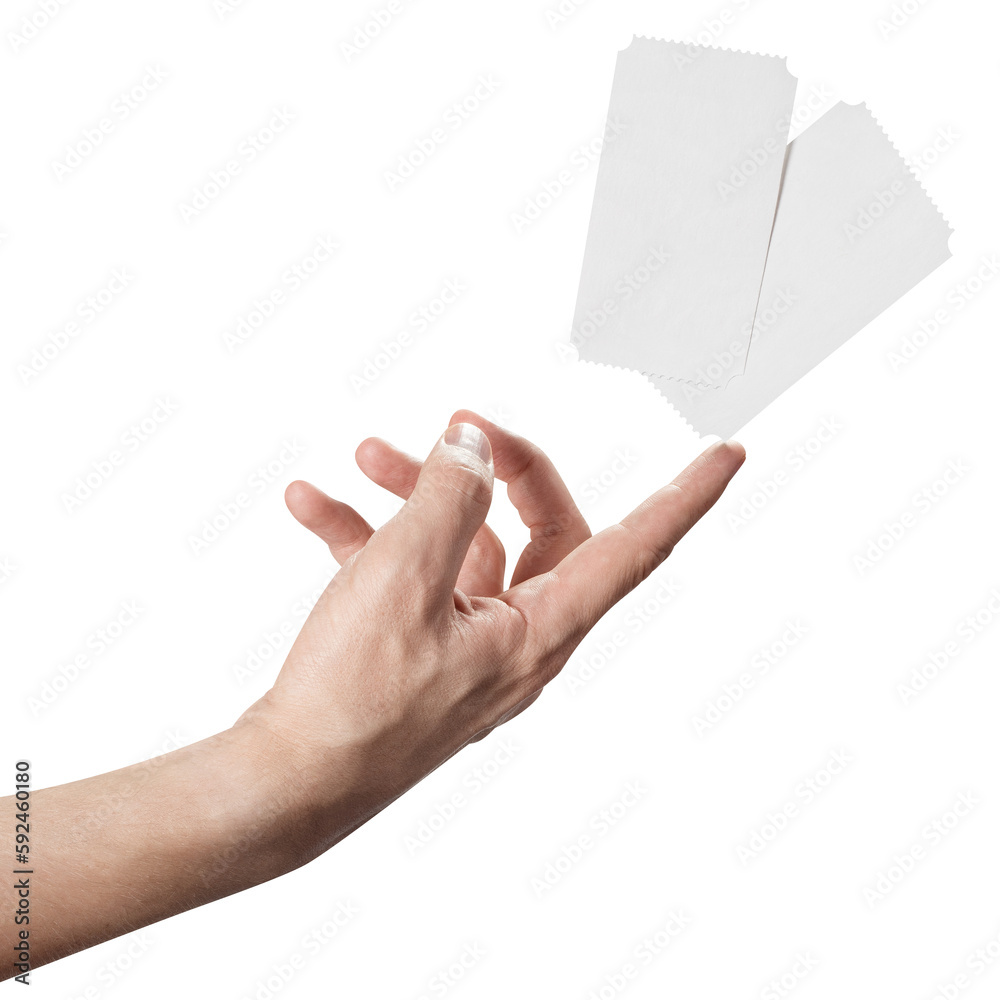Two tickets or coupons on the index finger, cut out Two tickets or coupons on the index finger, cut out