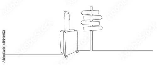 Road directional sign arrows with suitcase in one continuous line drawing. Symbol of travel vacation and journey design for tourist agency in simple linear style. Doodle vector illustration