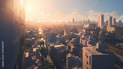 The anime cityscape is a stunning blend of traditional and modern architecture, with sleek skyscrapers towering over quaint, old-world neighborhoods. photo