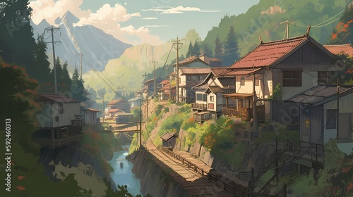 the village in Japan anime illustration is a place of harmony and balance, where people live in harmony with the land and with each other. 