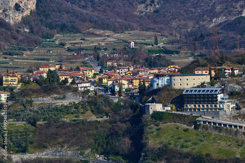 Panorama of Torbole a small town on Lake Garda, Italy. Europa.Beautiful Lake Garda surrounded by mountains  in the spring time seen from Mount Brione