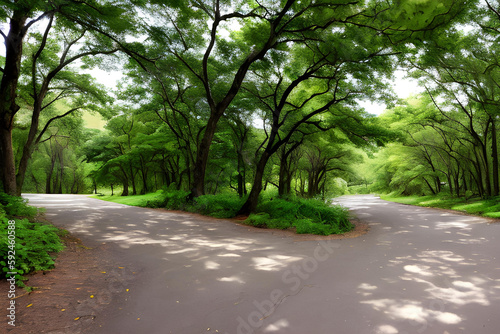 An image depicting a road in the park of the big city AI generated