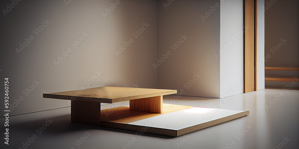 Fototapeta premium Empty wooden table top with an asymmetrical Japanese style for product display. Generative AI